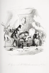Mr. Squeers und Mrs. Sliderskew ahnungslos von Besuchern, Illustration aus 